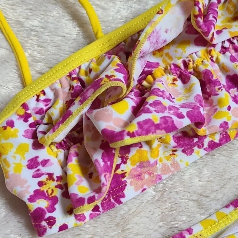 Coastalista Floral Bikini Swimsuit Set Girls Yellow Pink Ruffle Swimwear 4 6
